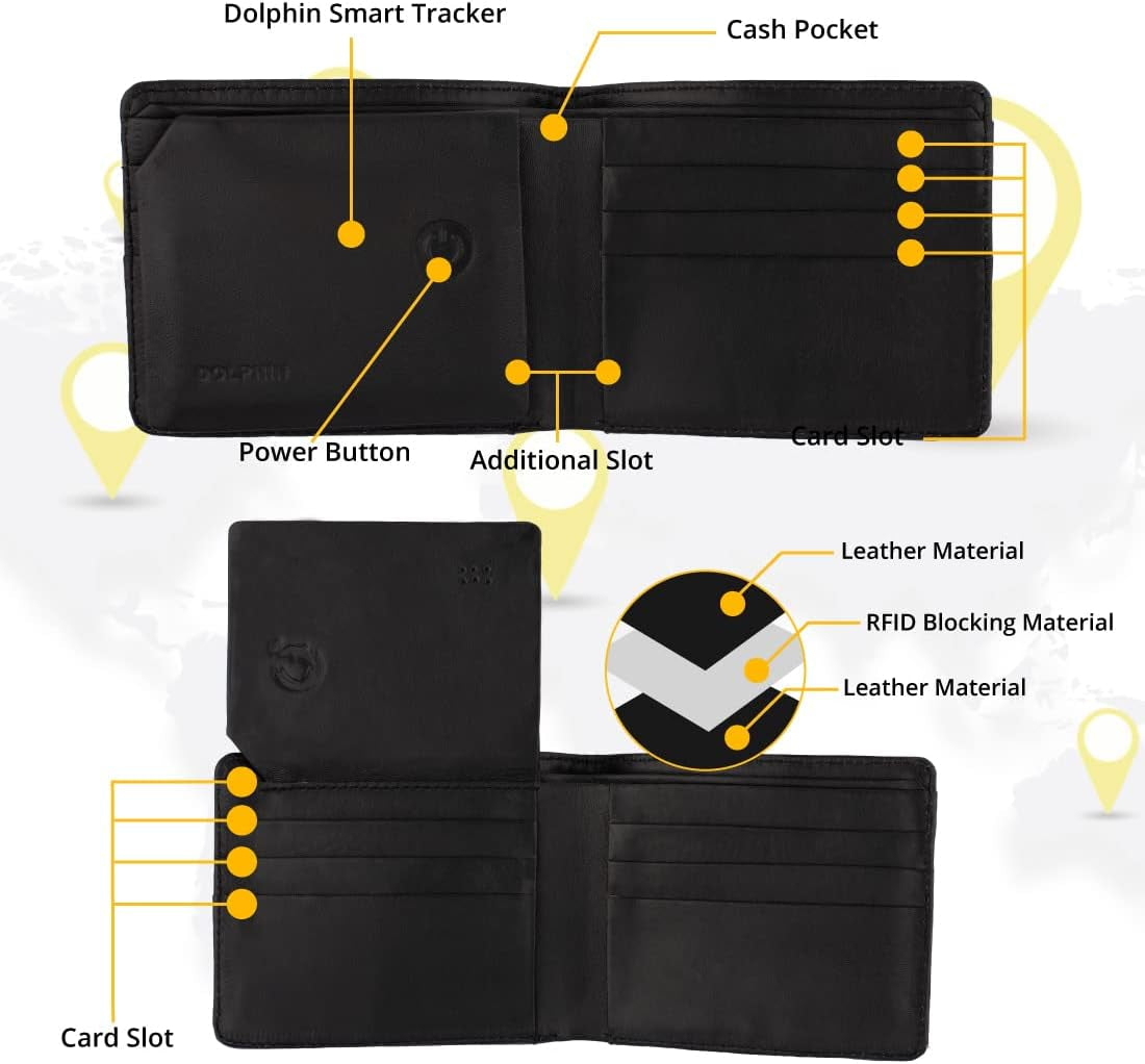 - Dolphin Smart Bluetooth Wallet with Tracker for Men, Bi-Fold Card Wallet with Anti-Theft RFID Blocking, 60Ft - 250Ft Bluetooth Finding Range, Works with Android & Ios, Black