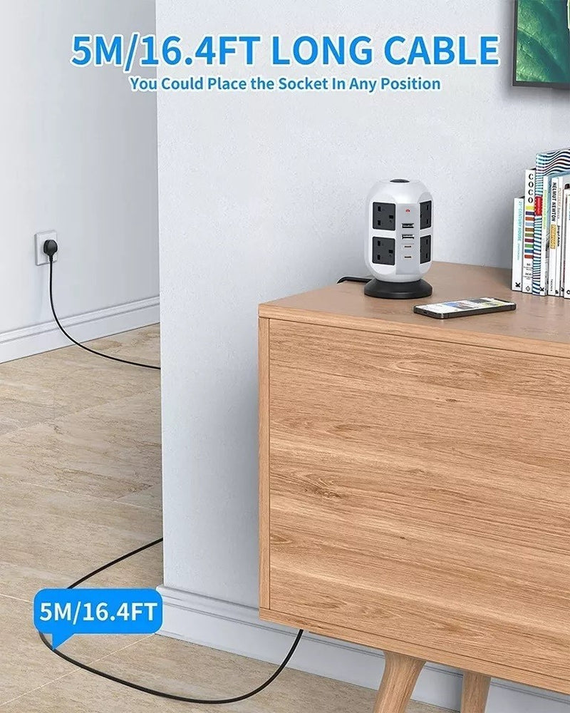 Tower Extension Lead 8 Socket + USB C with Indicator & Surge Protection 5Mt Wire