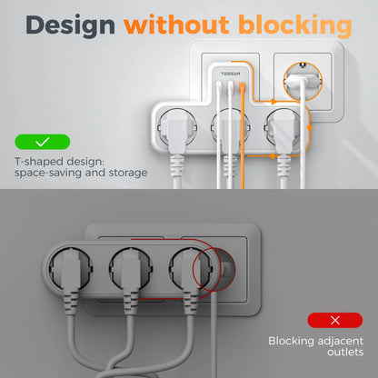 EU Plug Power Strip with 3 AC Outlets +2 USB Ports+ 1 Type C, 6-In-1 Plug Socket Adapter Wall Charger for Home Office