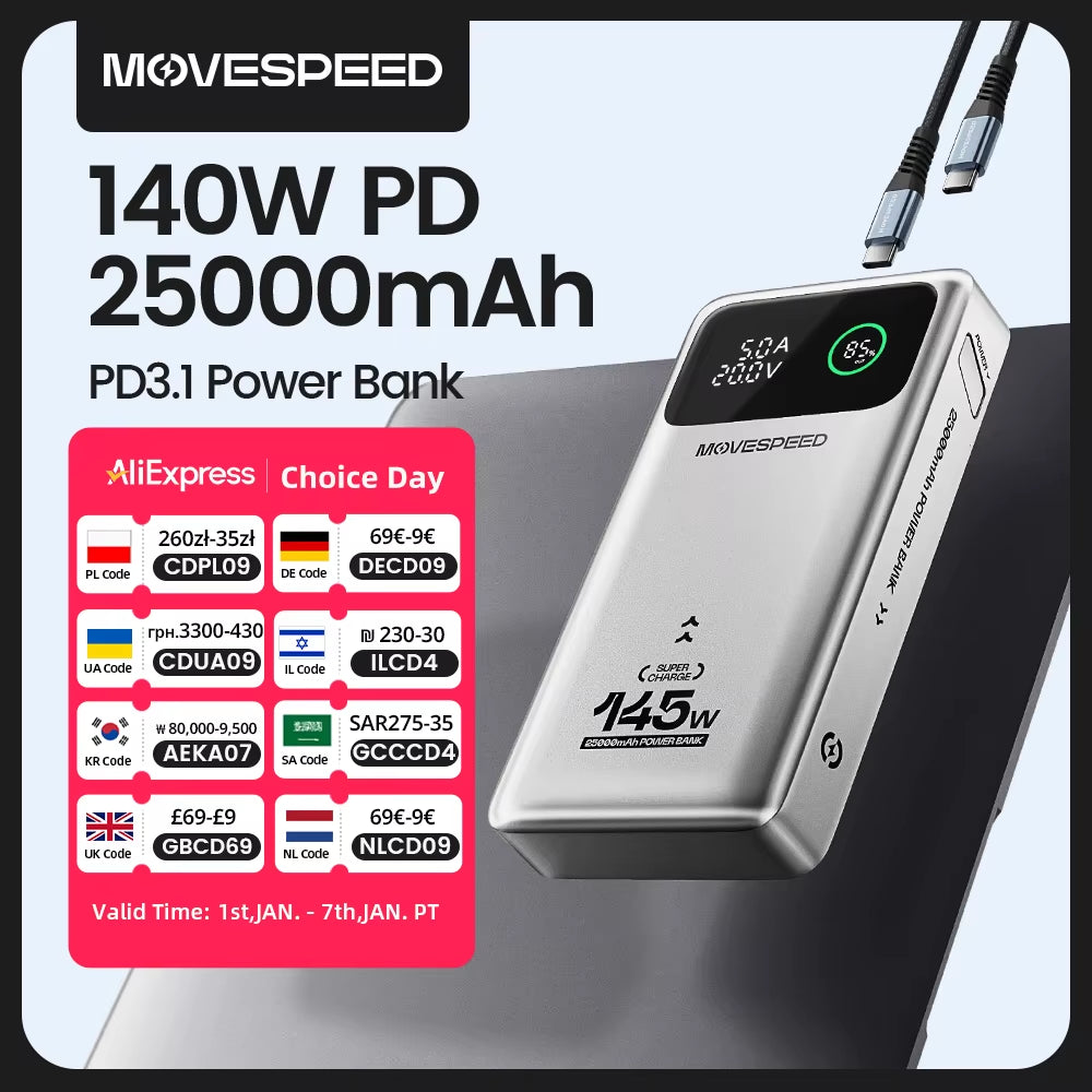 M25Pro 140W Power Bank 25000Mah PD3.1 Fast Charge Portable External Battery 100W Powerbank for Macbook Notebook Laptop