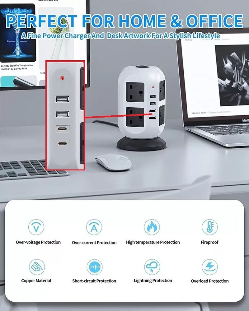 Tower Extension Lead 8 Socket + USB C with Indicator & Surge Protection 5Mt Wire