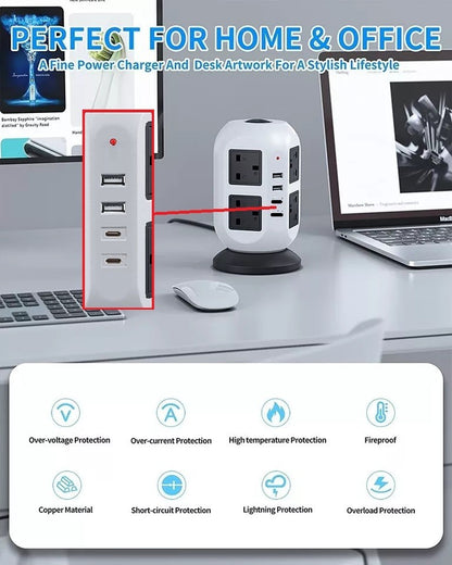 Tower Extension Lead 8 Socket + USB C with Indicator & Surge Protection 5Mt Wire