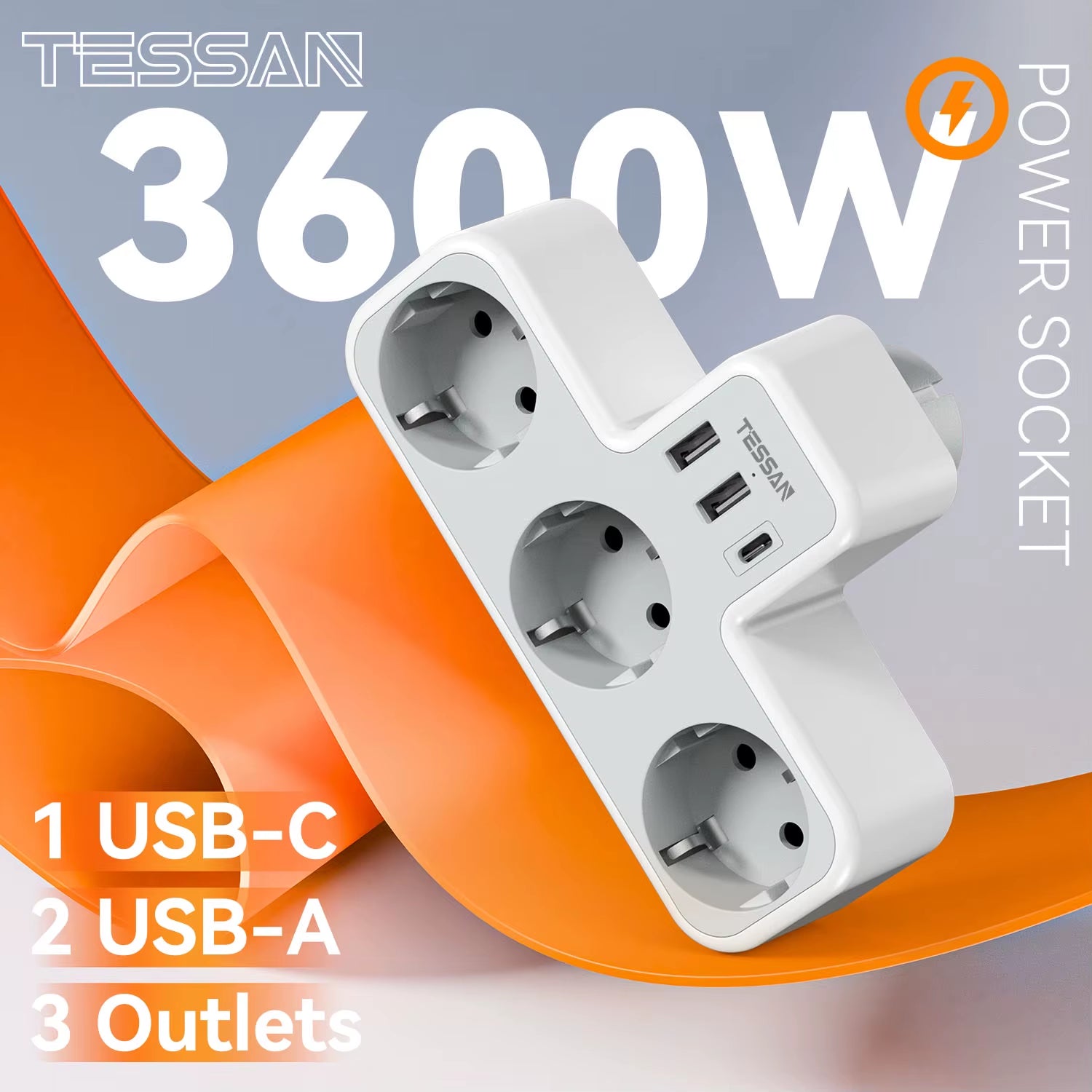 EU Plug Power Strip with 3 AC Outlets +2 USB Ports+ 1 Type C, 6-In-1 Plug Socket Adapter Wall Charger for Home Office