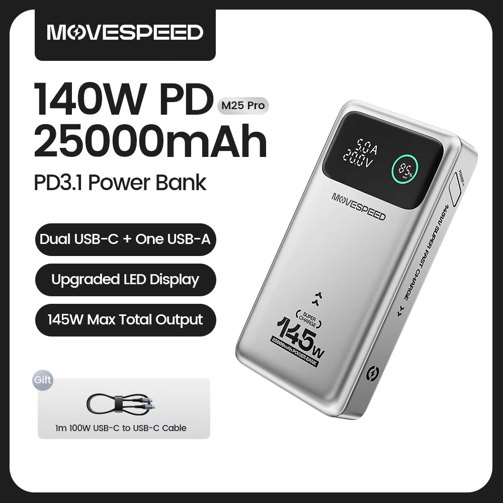 M25Pro 140W Power Bank 25000Mah PD3.1 Fast Charge Portable External Battery 100W Powerbank for Macbook Notebook Laptop