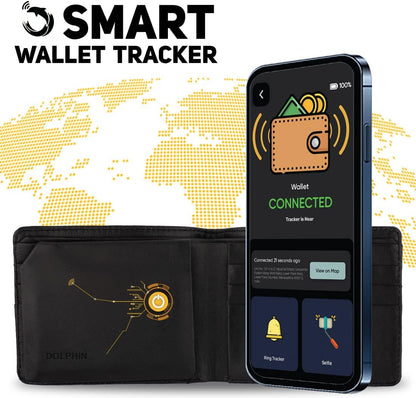 - Dolphin Smart Bluetooth Wallet with Tracker for Men, Bi-Fold Card Wallet with Anti-Theft RFID Blocking, 60Ft - 250Ft Bluetooth Finding Range, Works with Android & Ios, Black
