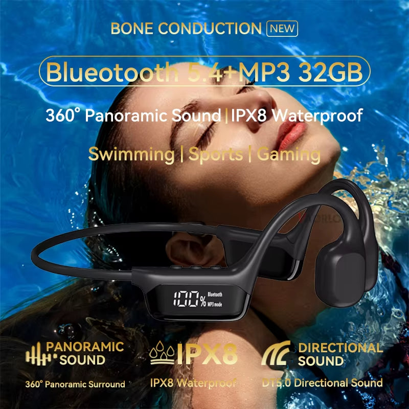 IPX8 True Waterproof Bluetooth 5.4 Swimming Diving Bone Conduction Headphone 32GB MP3 Player Summer Sports Cycling Music Headset