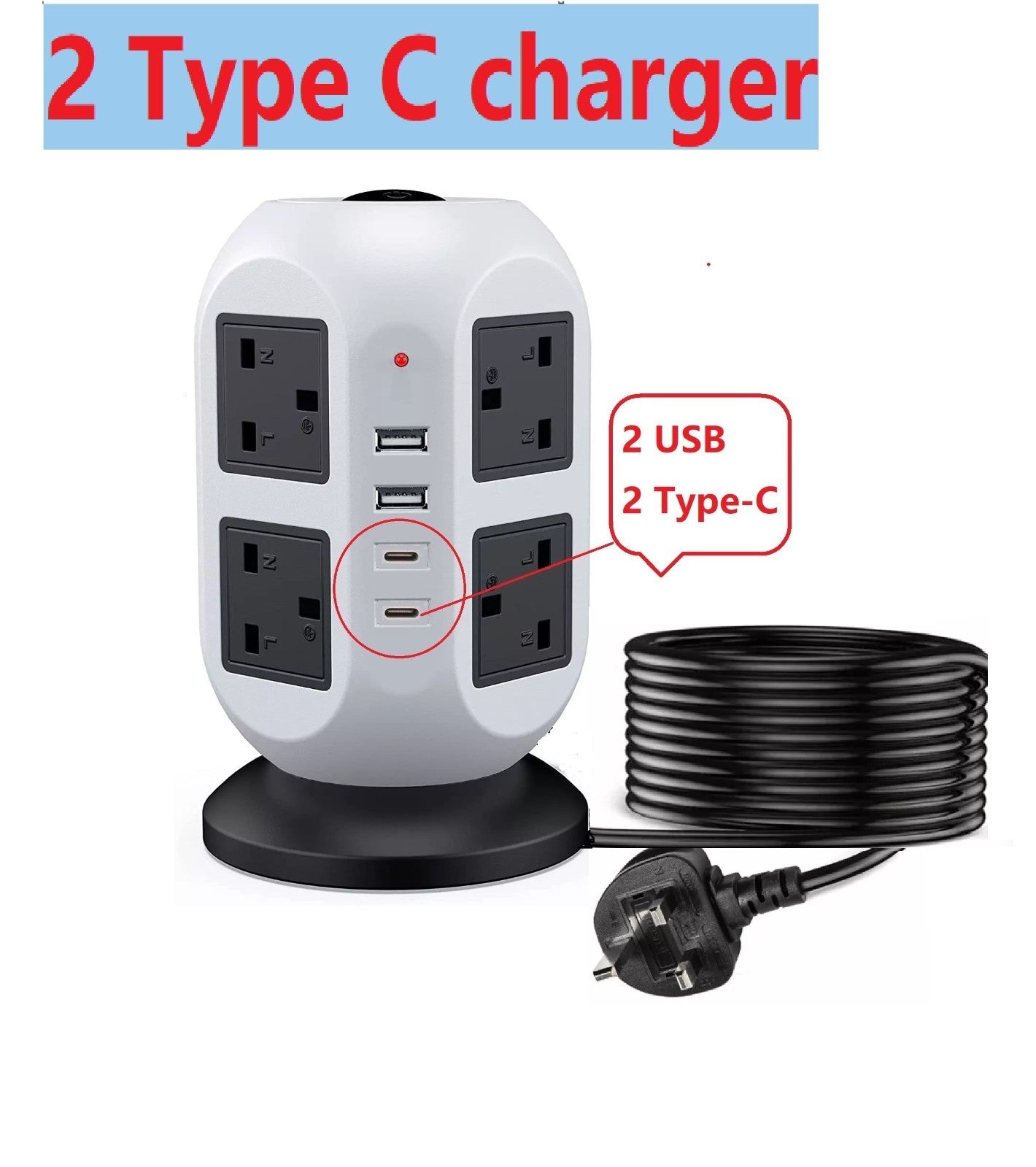Tower Extension Lead 8 Socket + USB C with Indicator & Surge Protection 5Mt Wire