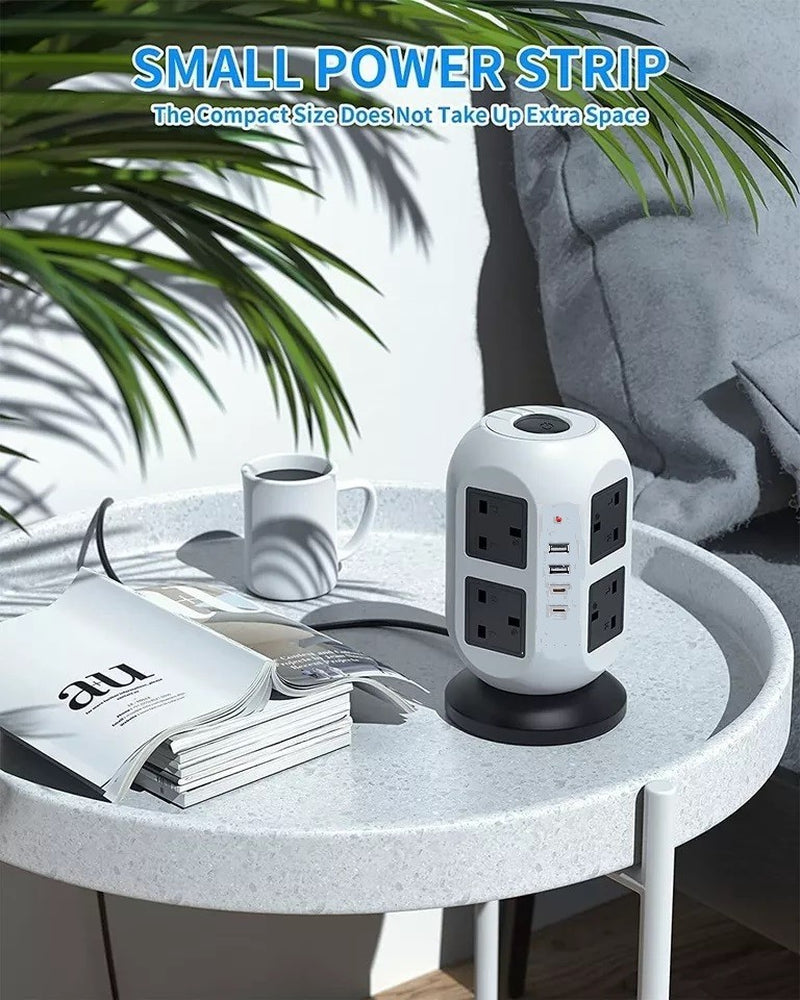 Tower Extension Lead 8 Socket + USB C with Indicator & Surge Protection 5Mt Wire