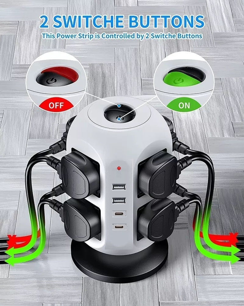 Tower Extension Lead 8 Socket + USB C with Indicator & Surge Protection 5Mt Wire