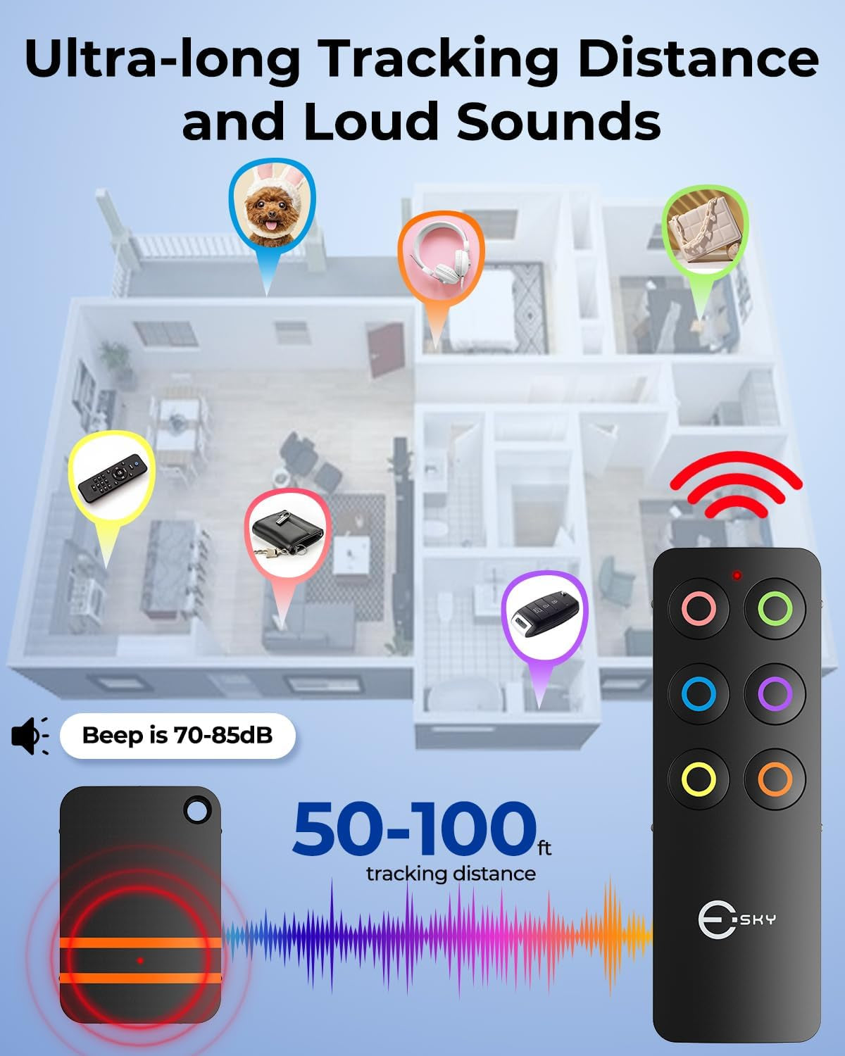 Key Finder Fob, Item Tracker Key Finders & Trackers with 85Db Noise Sound and 6 Receivers Wallet Finder and Item Locator for Finding Key Remote Wallet and Passport Batteries Included (Black)