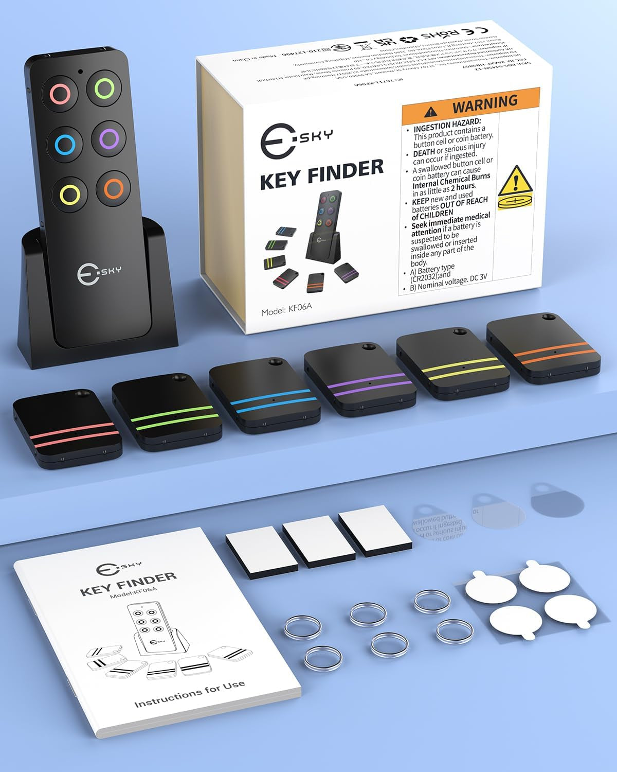 Key Finder Fob, Item Tracker Key Finders & Trackers with 85Db Noise Sound and 6 Receivers Wallet Finder and Item Locator for Finding Key Remote Wallet and Passport Batteries Included (Black)