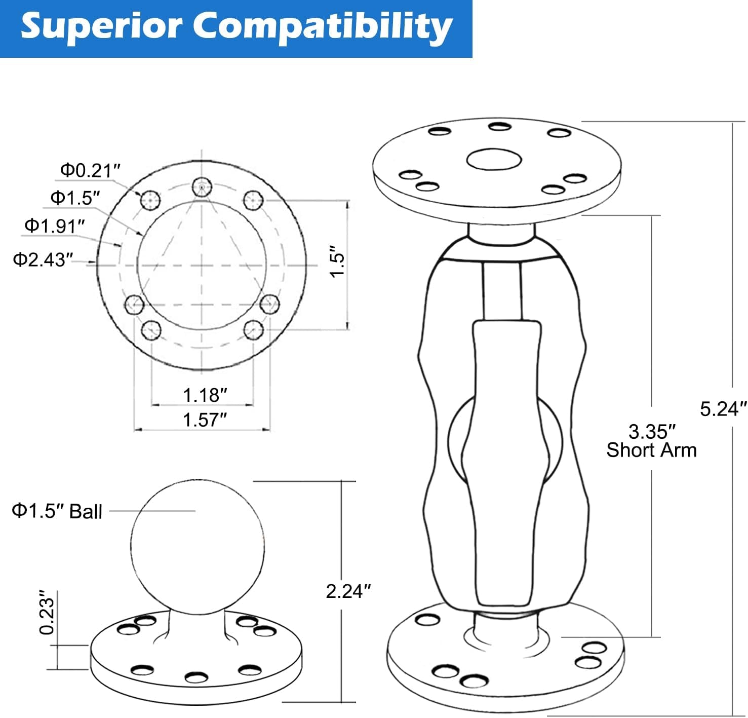 Aluminum 1.5" Double Ball Mount with Two AMPS round Plates, Fish Finder/Truck/Gps Mount, Short Arm with 1.5 Inches/38Mm/C Size Ball, Compatible with RAM, Arkon, Ibolt and More