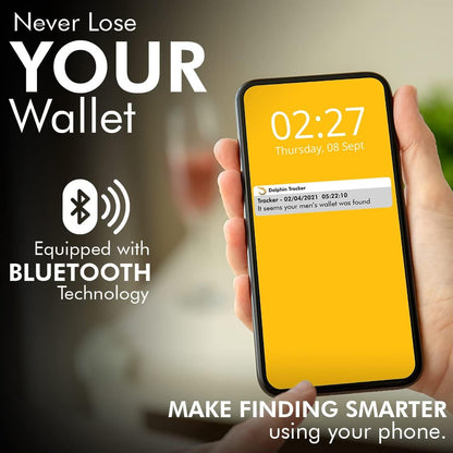 - Dolphin Smart Bluetooth Wallet with Tracker for Men, Bi-Fold Card Wallet with Anti-Theft RFID Blocking, 60Ft - 250Ft Bluetooth Finding Range, Works with Android & Ios, Black